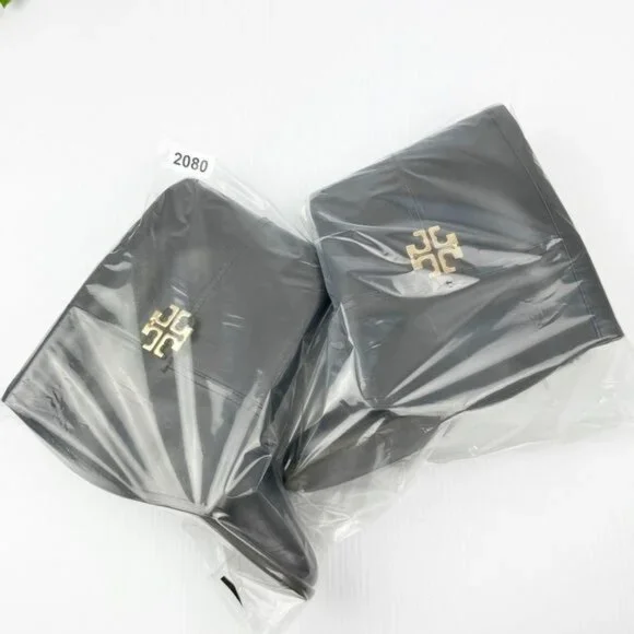 Tory Burch The Eloise Tall logo Riding Boot Leather Deep Brown w Gold details 7 - Picture 10 of 11